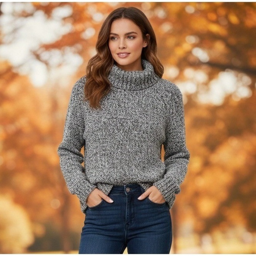 Lands End Sweater Women's L 14/16 Speckled Knit Turtleneck Cotton Gray Pullover